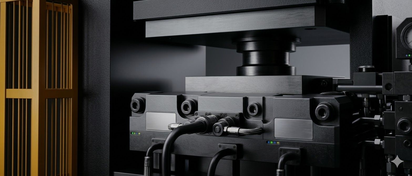 A close-up of industrial machinery with a sleek, modern design. The image shows black metal components with cables, adjacent to a vertical gold grille, conveying efficiency.