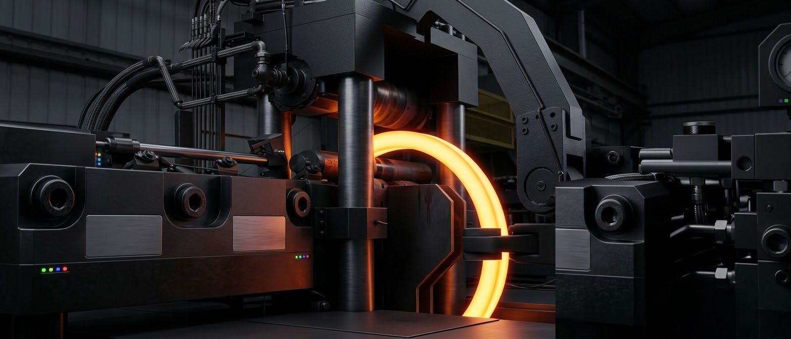 Close-up of industrial machinery shaping a glowing, heated metal ring, set in a dimly lit factory. The scene conveys precision and advanced technology.