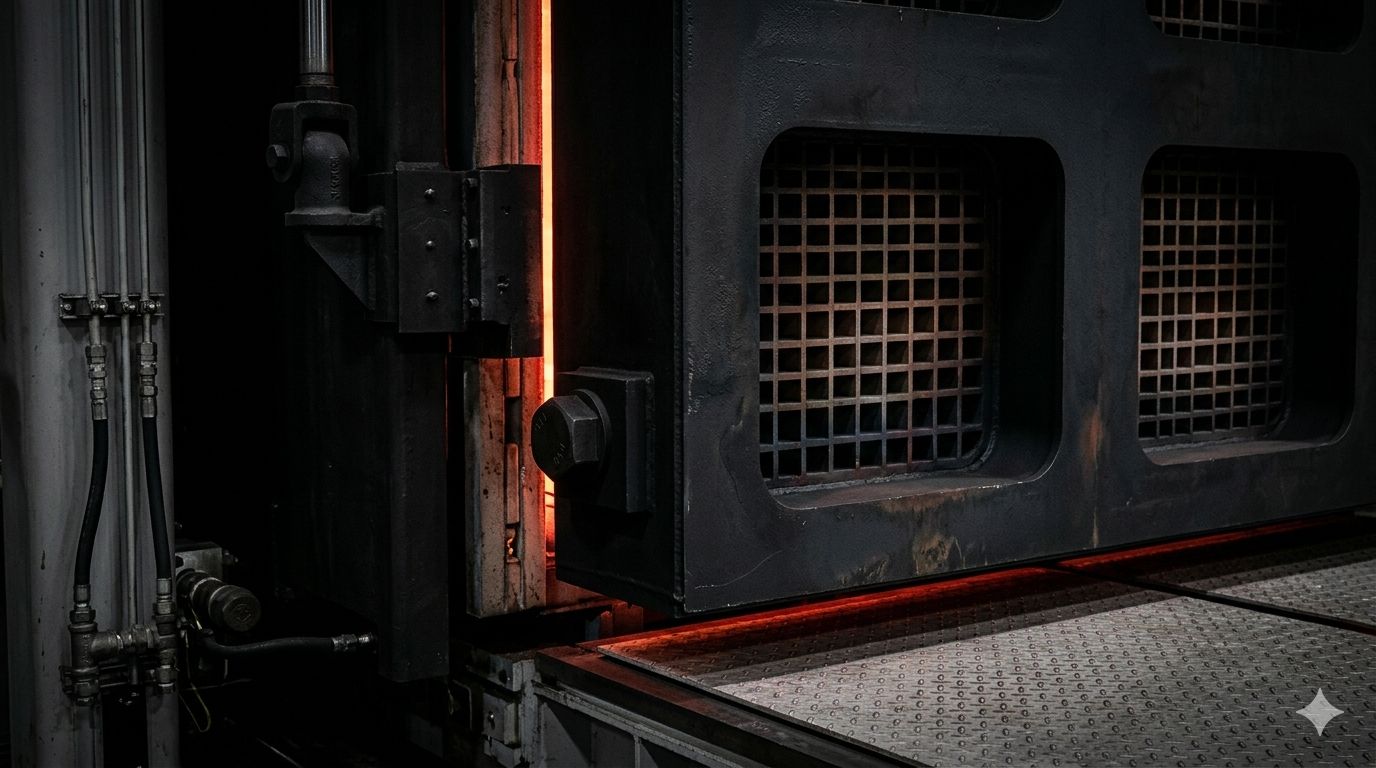 A dark industrial furnace door slightly ajar, emitting a warm red glow from inside. The metal surface is textured and industrial machinery is visible.