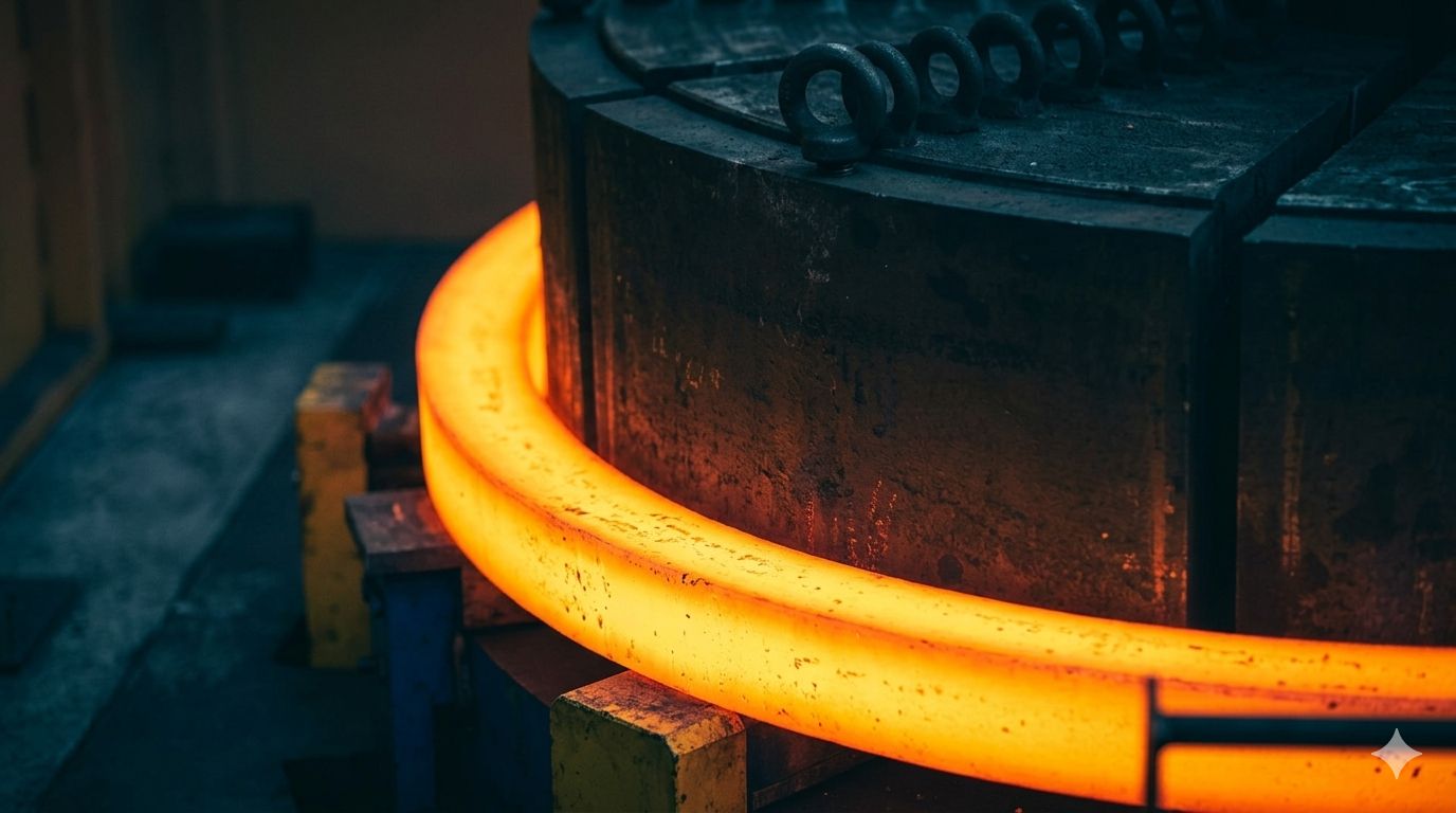 A glowing orange metal rod coils around a large industrial machine, surrounded by blue and yellow supports, evoking a sense of intense heat and industry.