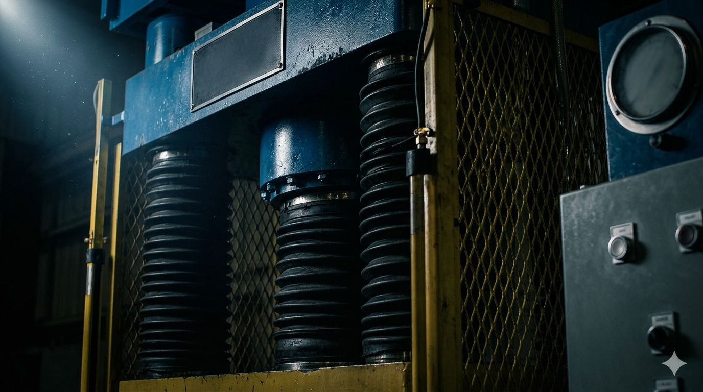 Dimly lit industrial setting showcasing a hydraulic press with large springs, a control panel, and metal mesh, evoking a robust, mechanical feel.
