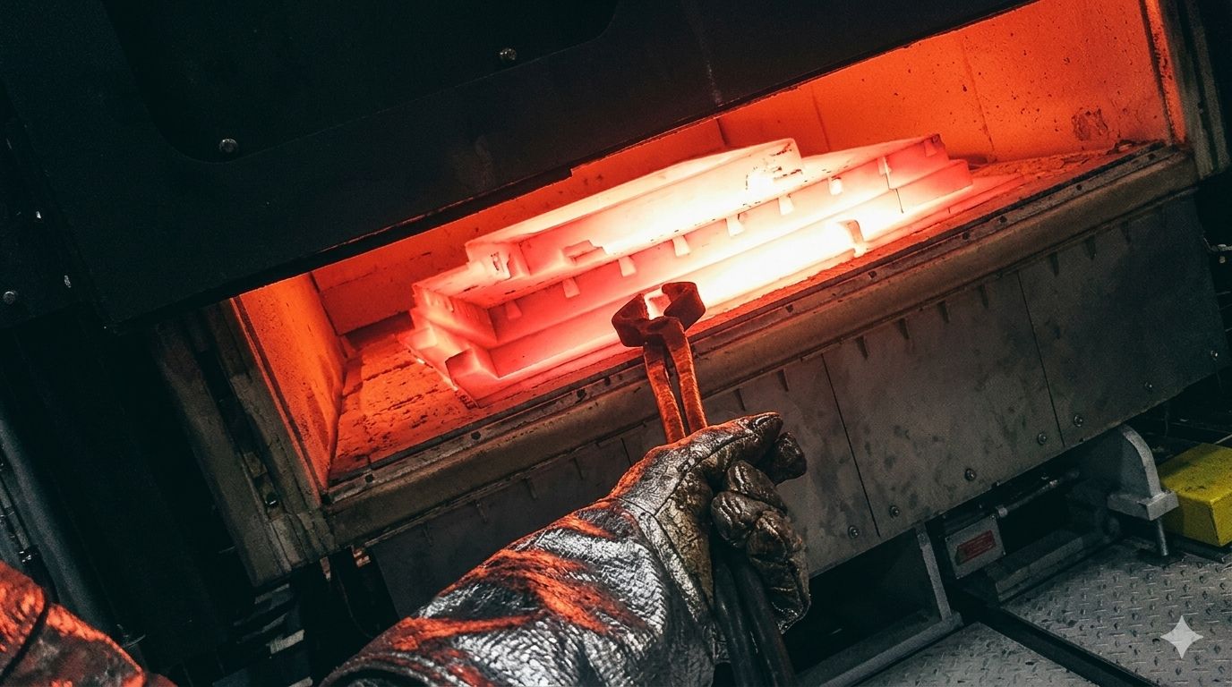 A gloved hand holds a wrench near a glowing hot furnace with red-hot metal inside. The scene conveys intense heat and industrial activity.