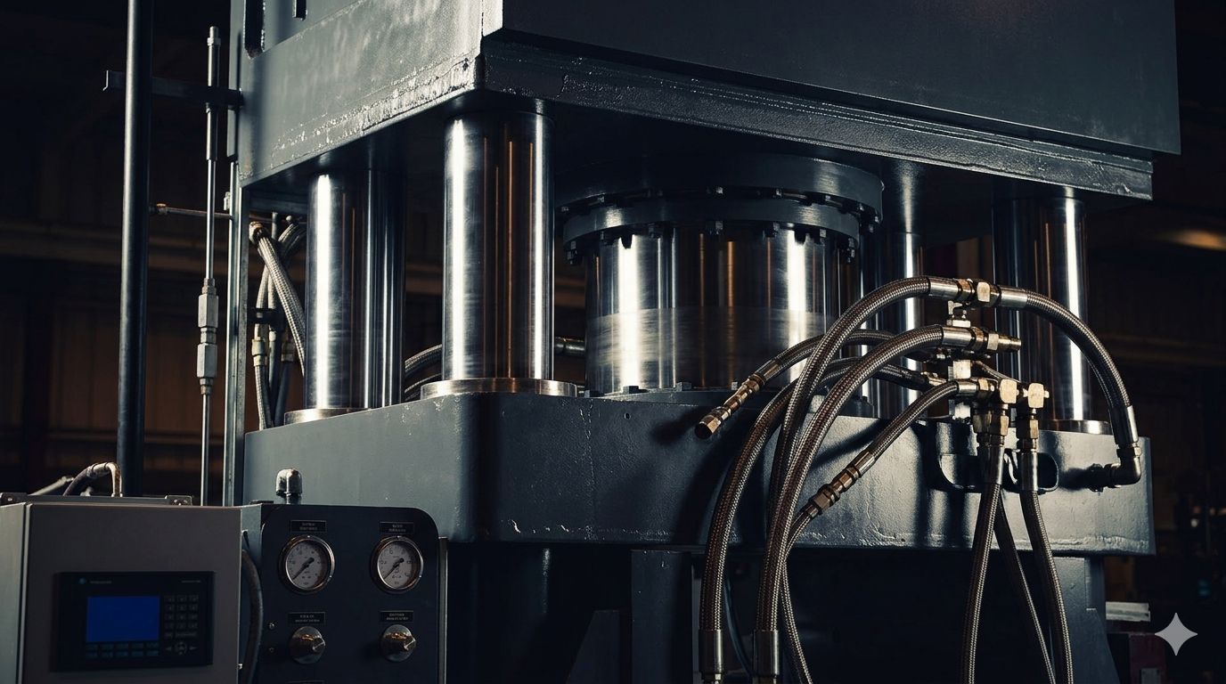 A large industrial machine with metal cylinders, gauges, and hoses is shown. It is set in a dimly lit environment, conveying a sense of power and precision.